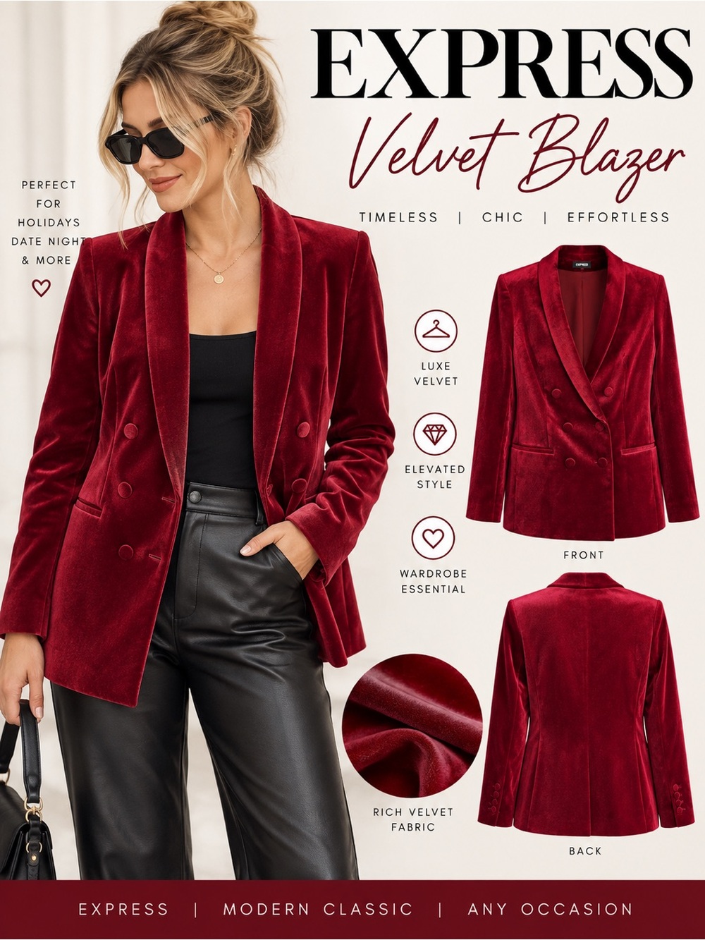 Express Red Velvet Double Breasted Blazer Jacket Women’s Medium